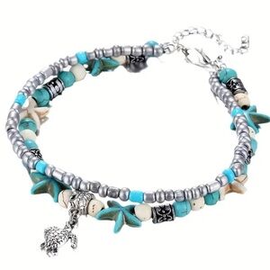 Boho Beach Coastal Vibes Beaded Anklet Turtle Charms - Turquoise Accents NEW